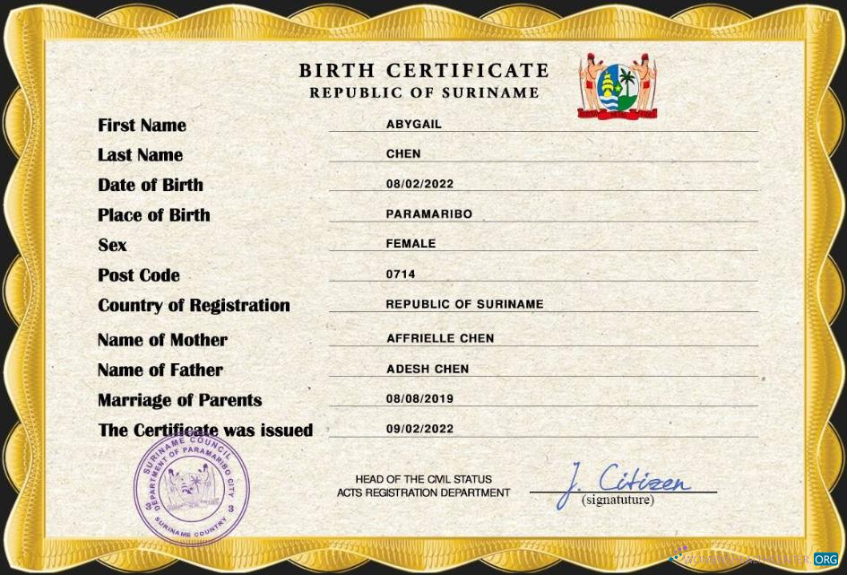 Download Suriname birth certificate PSD template Photoshop template